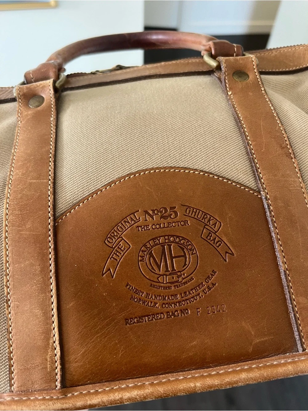 Ghurka Tan Canvas with Brown Leather Trim Satchel